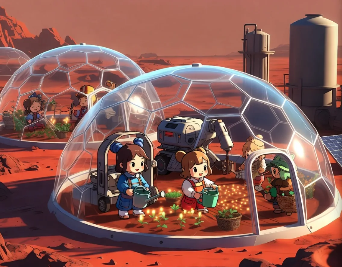 MarsFarm glass dome farming scene