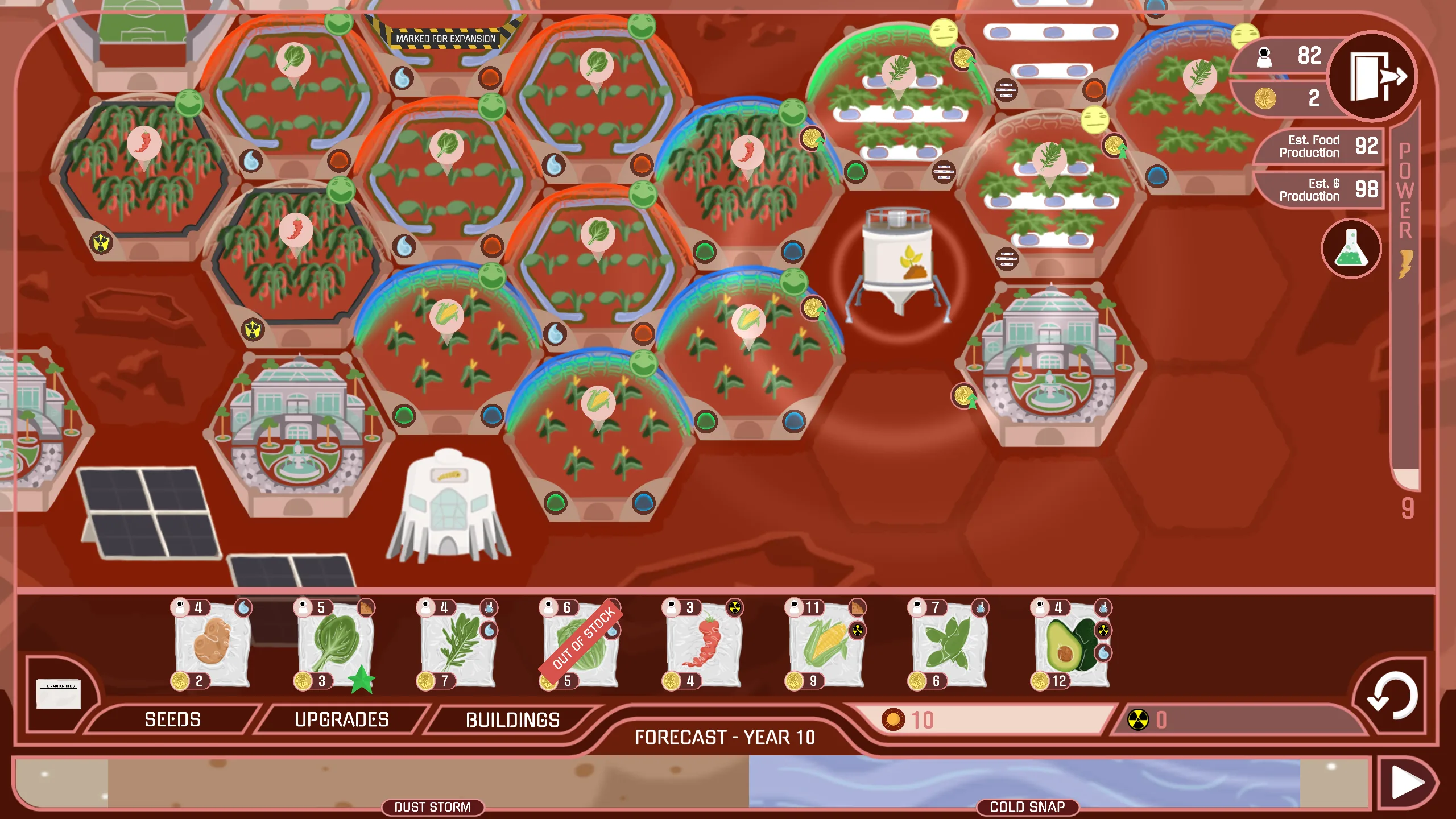 MarsFarm crop planning gameplay screen