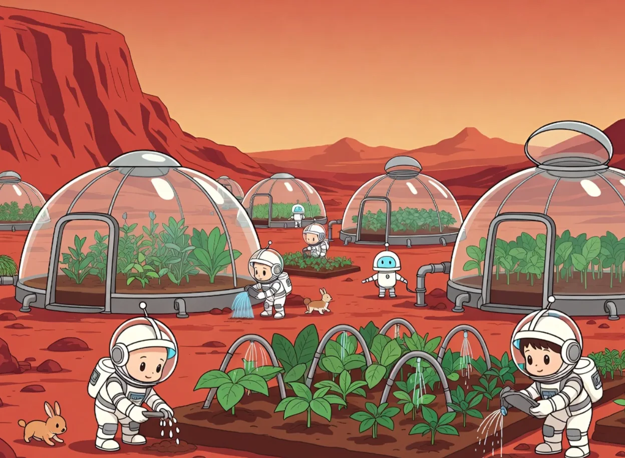 MarsFarm astronauts watering greenhouse crops on Mars